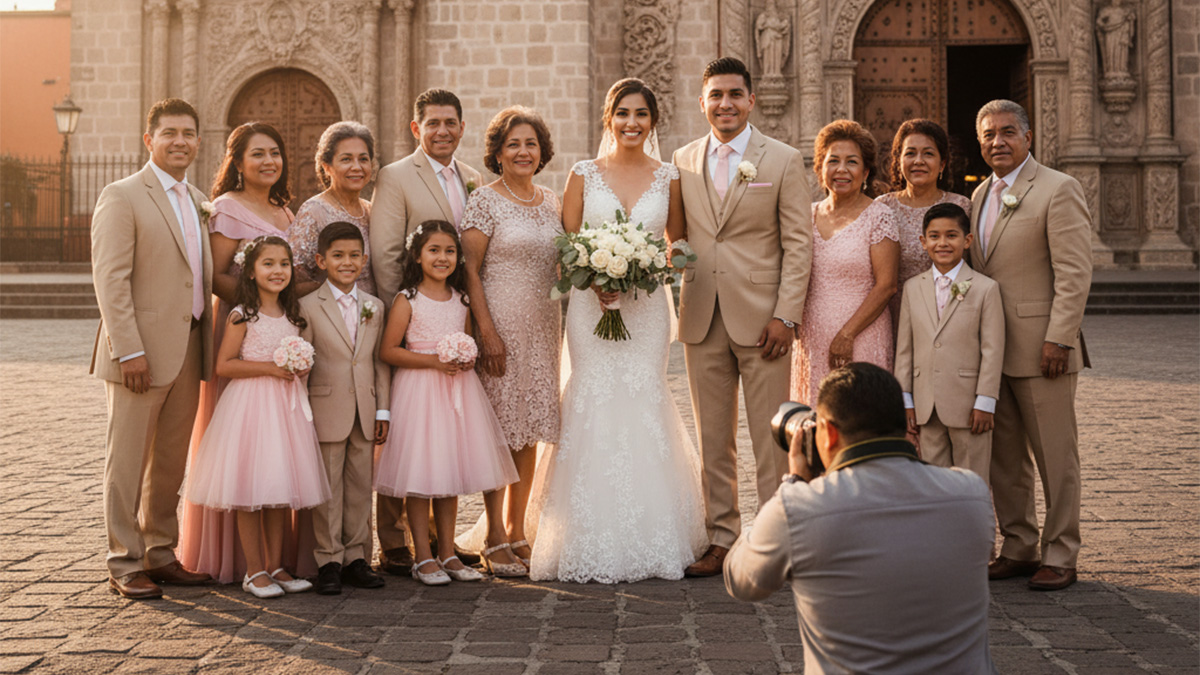 Fotos familiares en boda después de ceremonia religiosa con luz natural del atardecer en León
