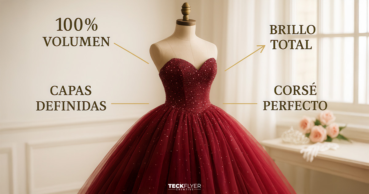 Infografía mostrando beneficios del maniquí para vestido de XV: 100% volumen, brillo total, corsé perfecto y capas definidas