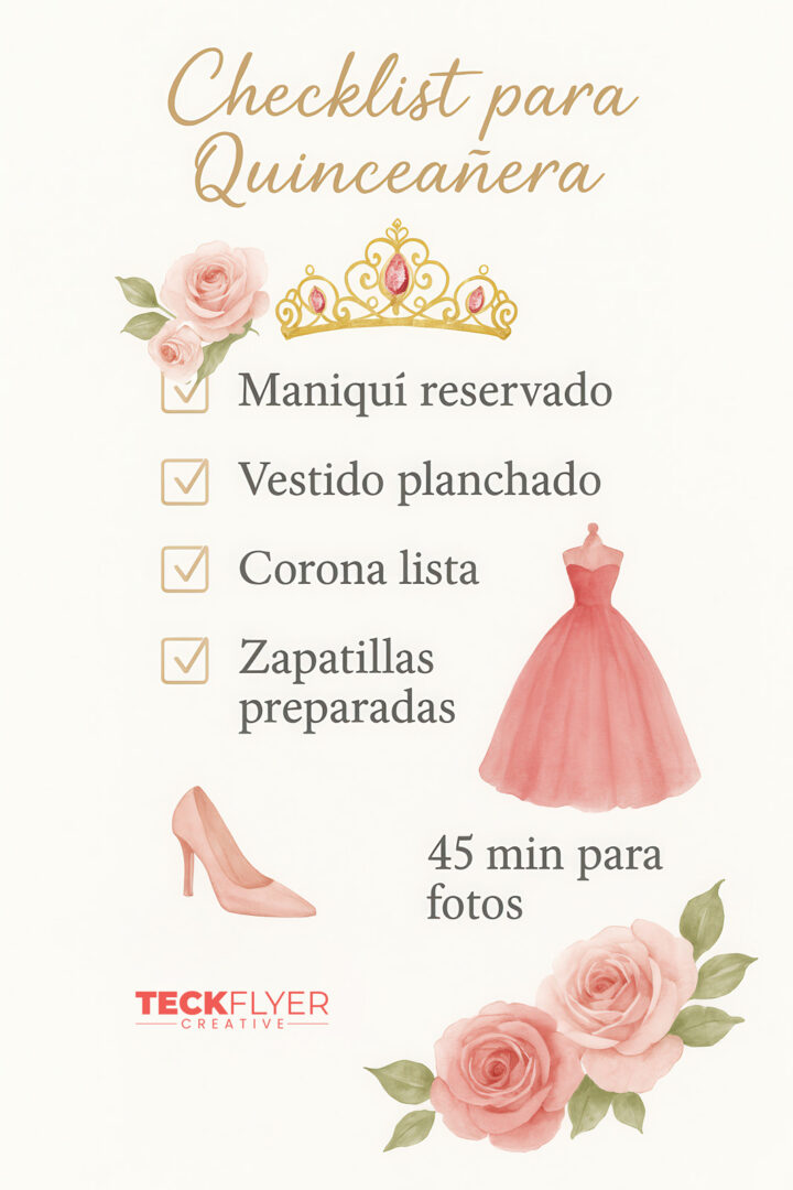 Checklist ilustrada para preparar vestido de XV años: maniquí reservado, vestido vaporizado, corona lista, zapatillas preparadas