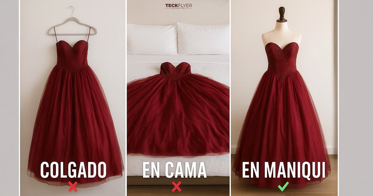 Comparación visual de vestido de quinceañera: colgado sin forma, en cama arrugado y en maniquí con volumen perfecto