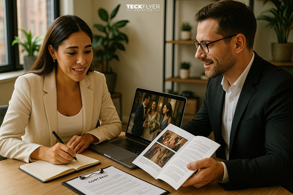 Novia mexicana haciendo preguntas importantes a fotógrafo profesional durante consulta de boda