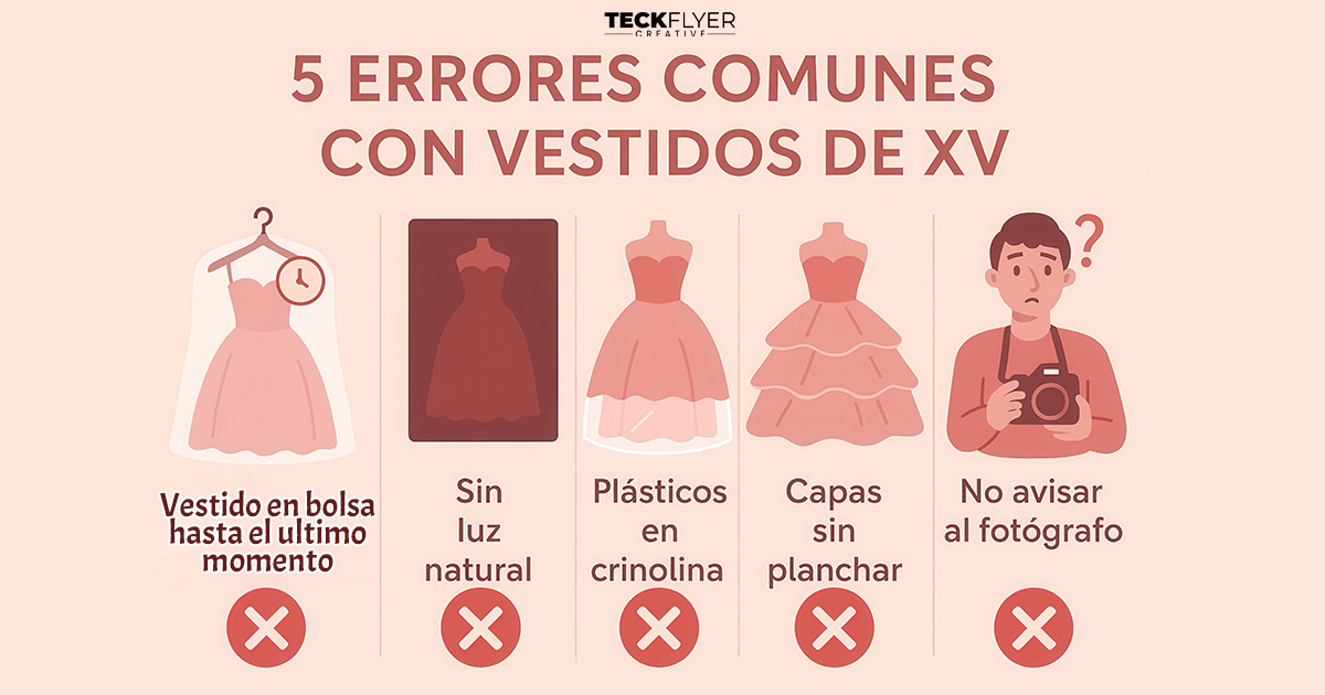 Infografía de 5 errores comunes con vestidos de XV años: dejar en bolsa, sin luz natural, plásticos en crinolina, sin planchar, no avisar fotógrafo