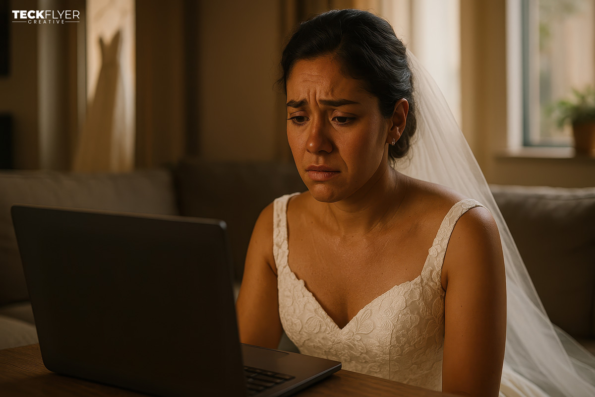 Novia mexicana decepcionada viendo fotos de boda de mala calidad en laptop