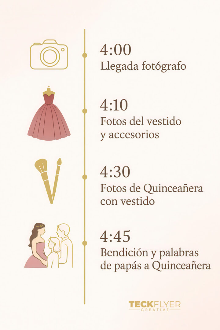 Timeline visual del getting ready de quinceañera desde las 9 AM hasta la 1 PM con iconos de cada actividad