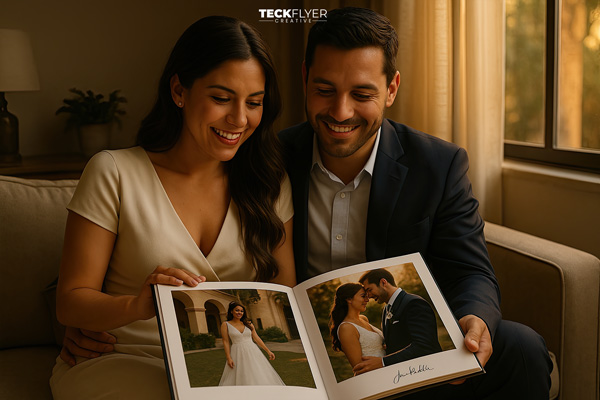 Pareja mexicana emocionada revisando álbum de fotos profesionales de su boda