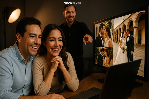 Pareja mexicana feliz revisando sus fotos de boda profesionales en estudio fotográfico