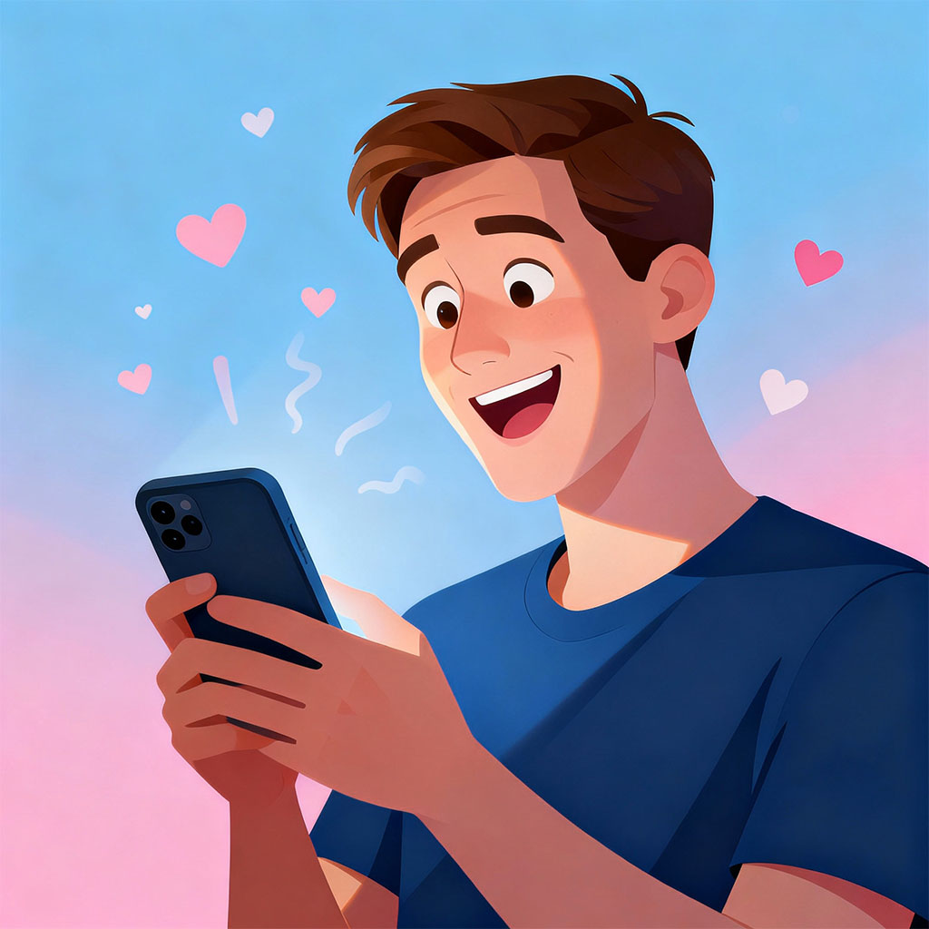 hombre feliz recibiendo piropo mensaje teléfono beneficios psicológicos halagos masculinos