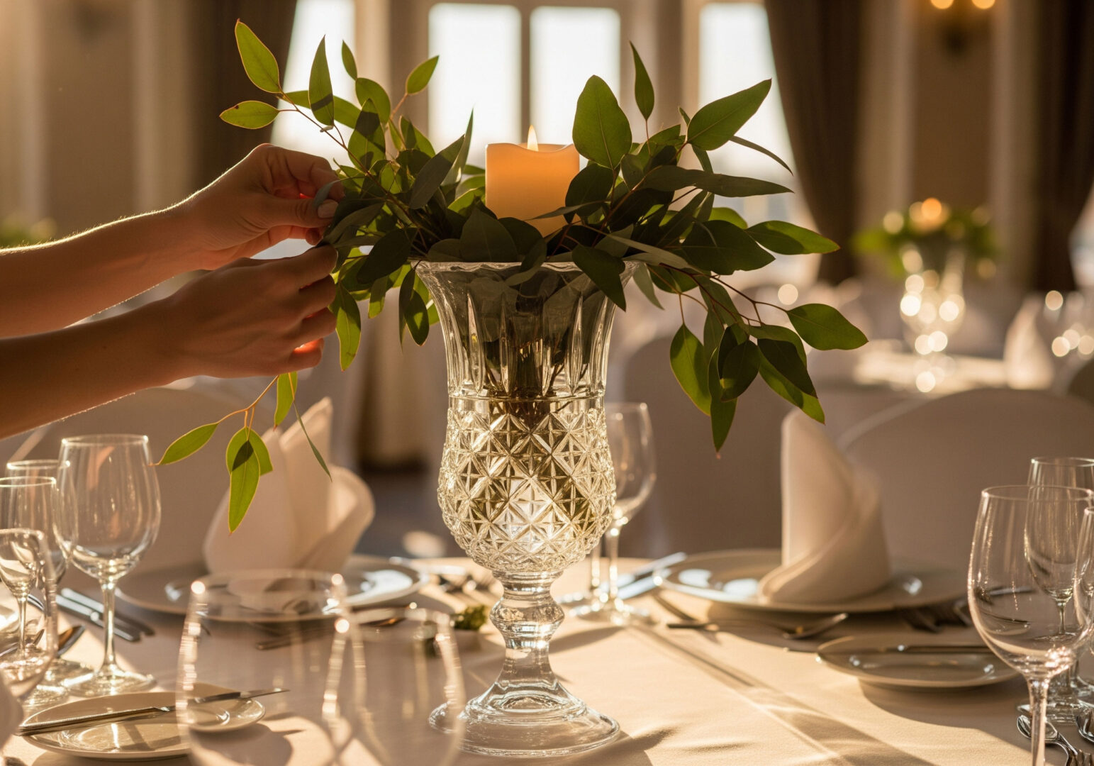Manos decorando el centro de mesa de boda